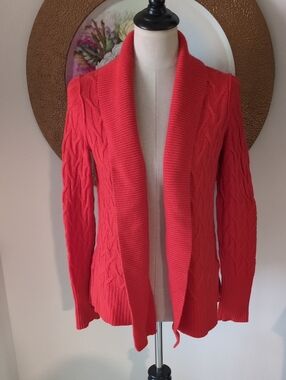 LOFT Cable-Knit Open-Front Cardigan in Coral Red